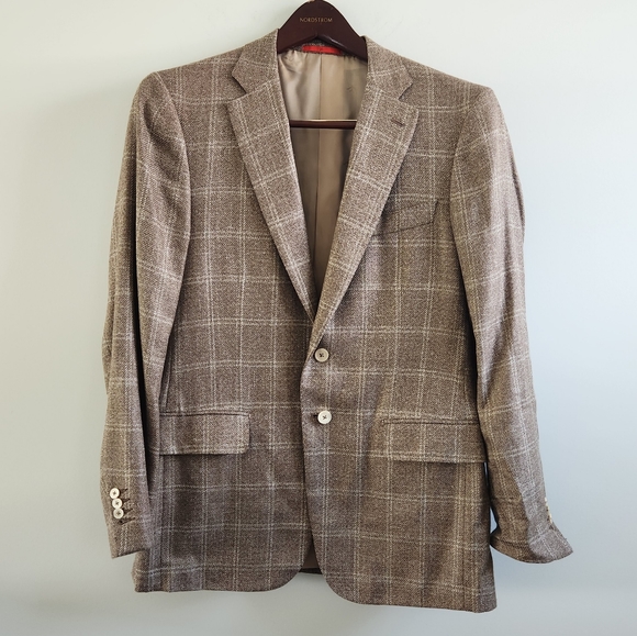 Isaia Wool Size IT 52 2-Button Sport Coat Tan Plaid - Picture 1 of 7